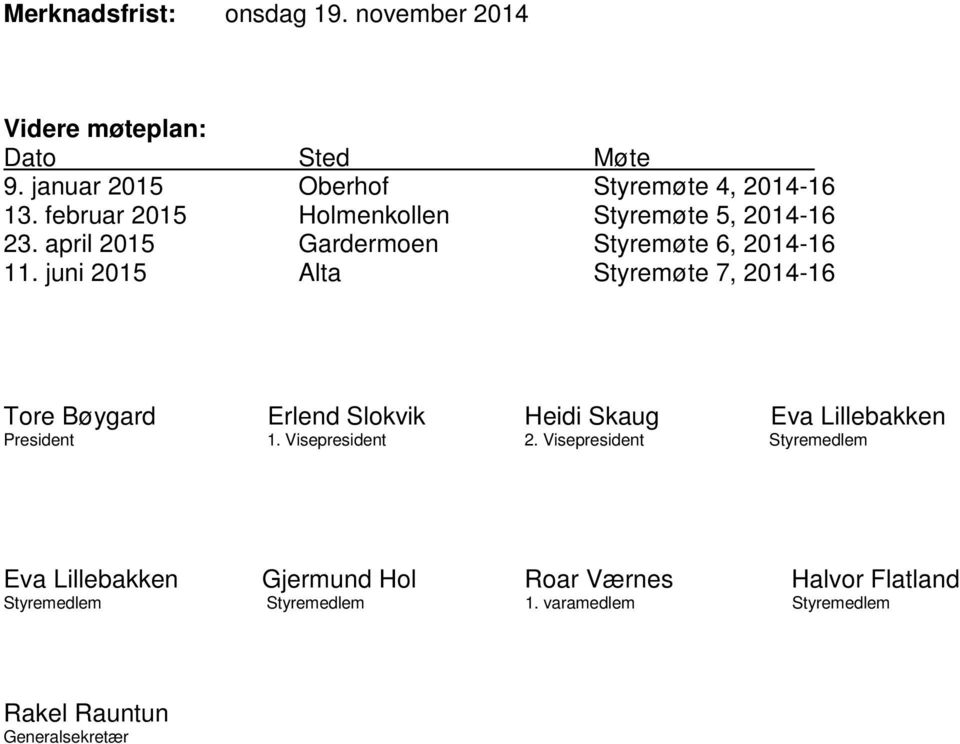 juni 2015 Alta Styremøte 7, 2014-16 Tore Bøygard Erlend Slokvik Heidi Skaug Eva Lillebakken President 1. Visepresident 2.