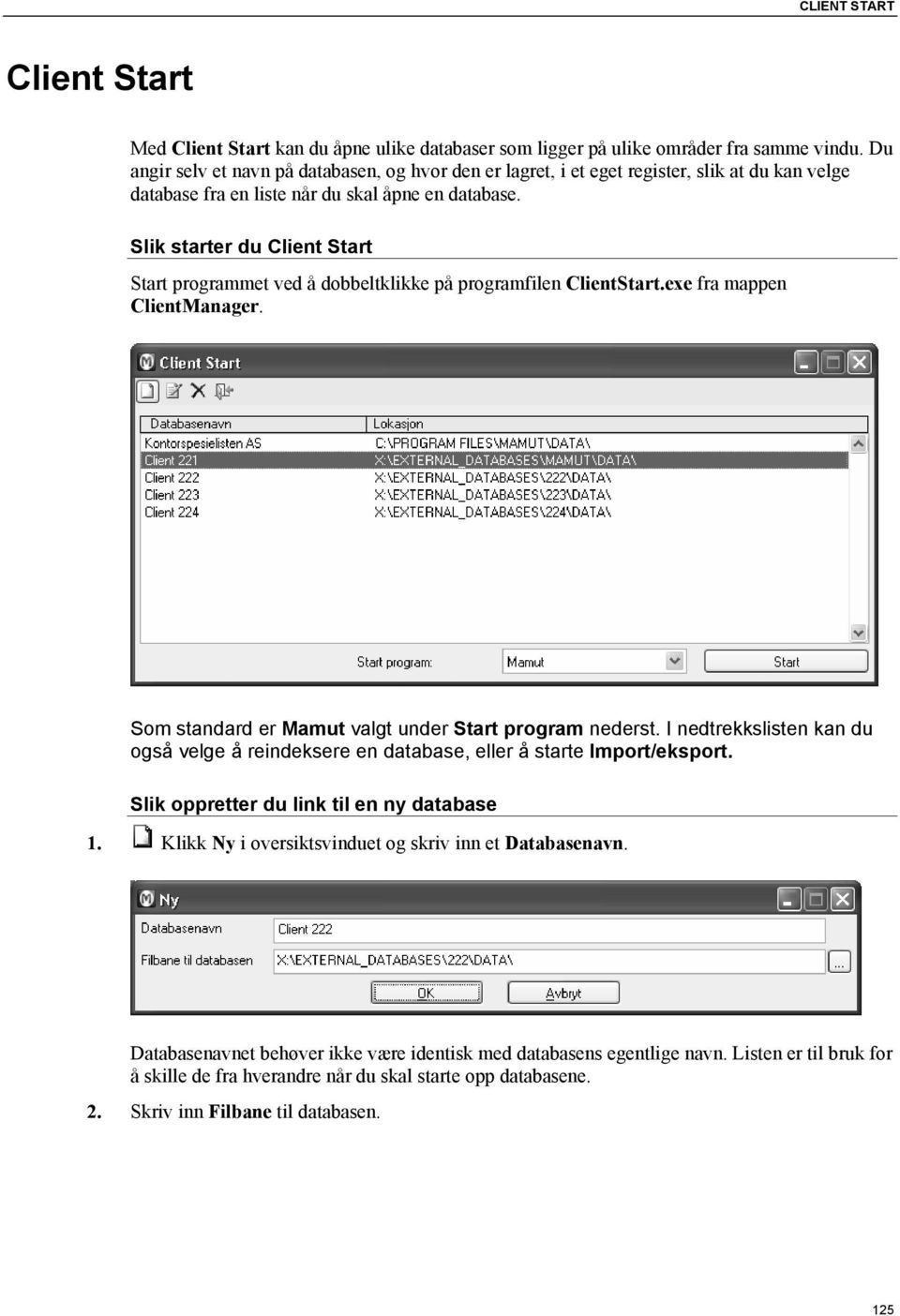 Slik starter du Client Start Start programmet ved å dobbeltklikke på programfilen ClientStart.exe fra mappen ClientManager. Som standard er Mamut valgt under Start program nederst.