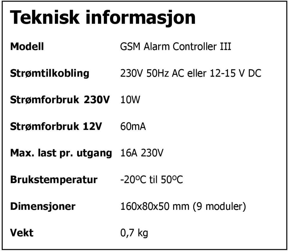 10W Strømforbruk 12V 60mA Max. last pr.