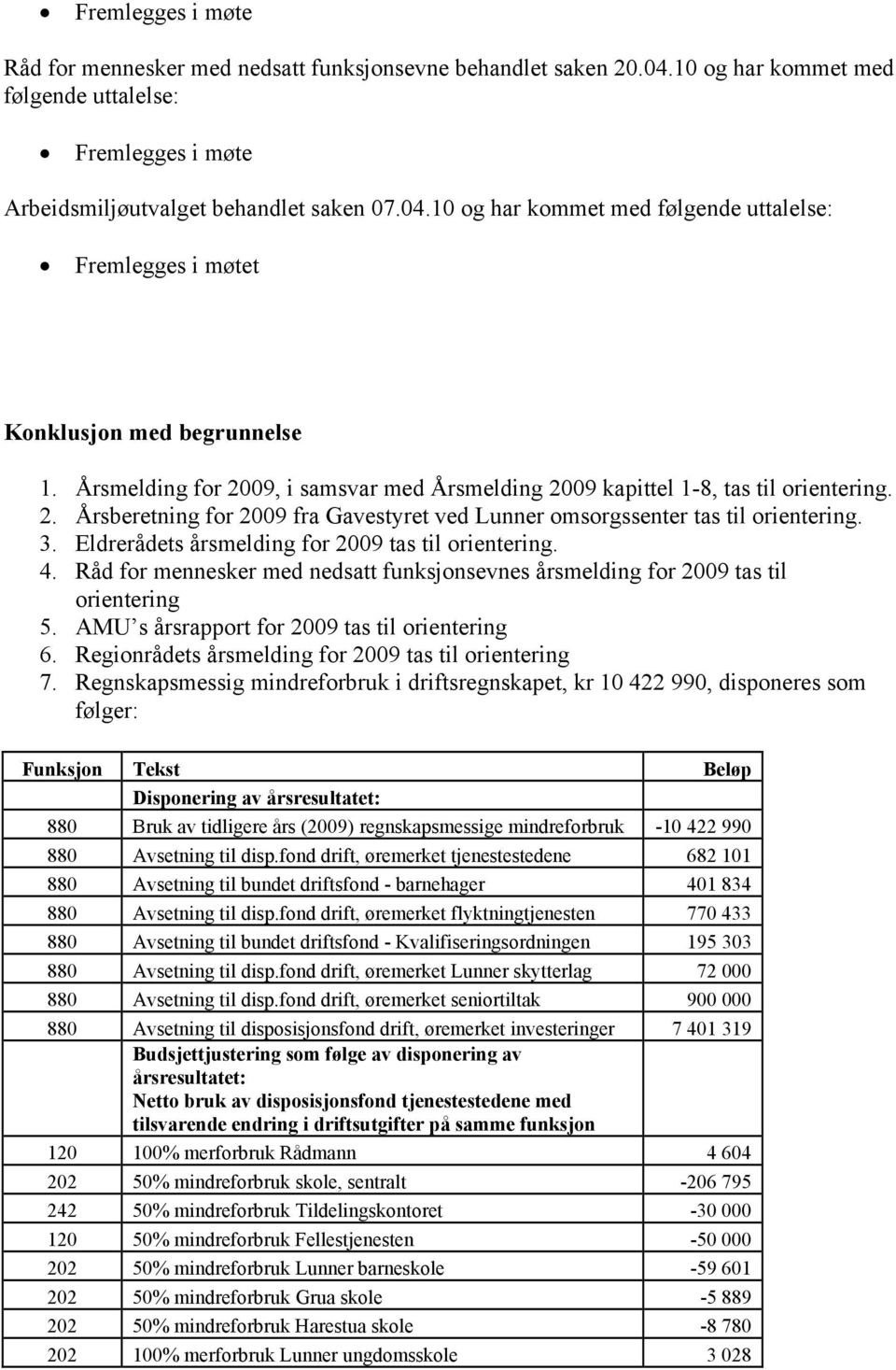 Eldrerådets årsmelding for 2009 tas til orientering. 4. Råd for mennesker med nedsatt funksjonsevnes årsmelding for 2009 tas til orientering 5. AMU s årsrapport for 2009 tas til orientering 6.