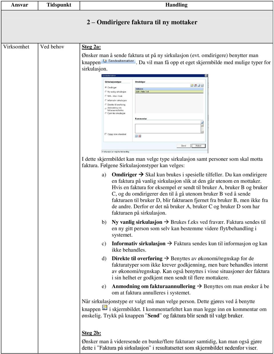 Følgene Sirkulasjnstyper kan velges: a) Omdiriger Skal kun brukes i spesielle tilfeller. Du kan mdirigere en faktura på vanlig sirkulasjn slik at den går utenm en mttaker.