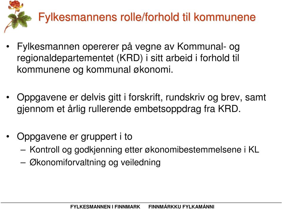 Oppgavene er delvis gitt i forskrift, rundskriv og brev, samt gjennom et årlig rullerende