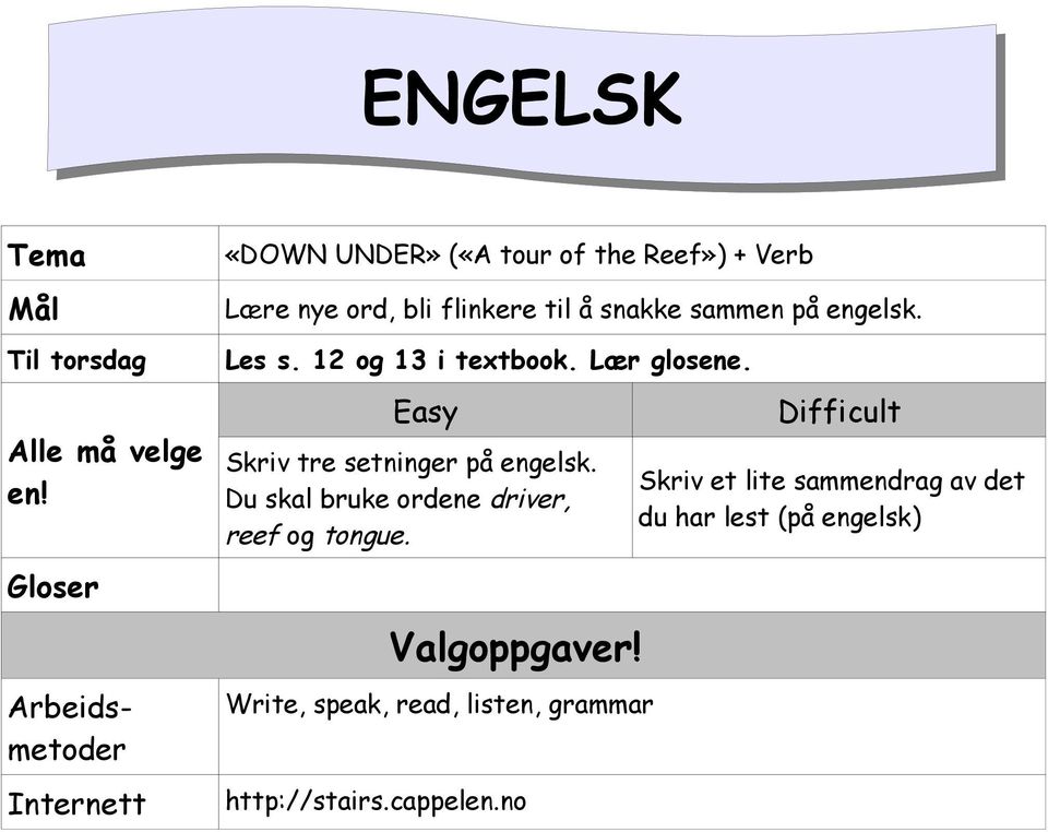 sammen på engelsk. Les s. 12 og 13 i textbook. Lær glosene. Easy Skriv tre setninger på engelsk.