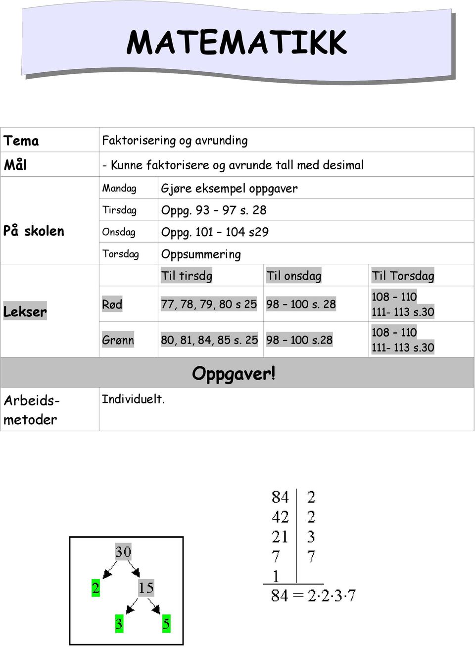 101 104 s29 Oppsummering Til tirsdg Til onsdag Til Torsdag Rød 77, 78, 79, 80 s 25 98 100 s.