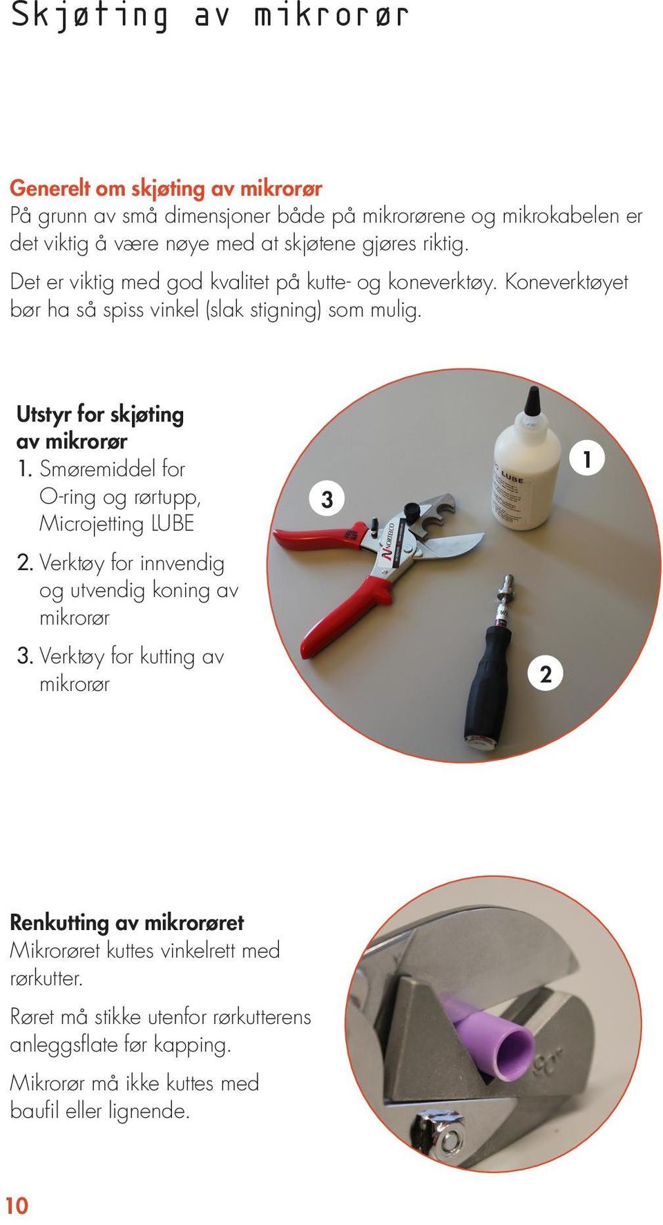 Smøremiddel for O-ring og rørtupp, Microjetting LUBE 2. Verktøy for innvendig og utvendig koning av mikrorør 3.