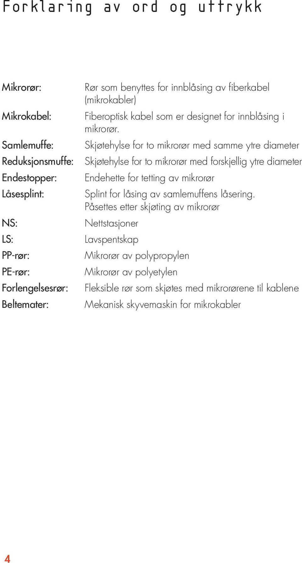 Skjøtehylse for to mikrorør med samme ytre diameter Skjøtehylse for to mikrorør med forskjellig ytre diameter Endehette for tetting av mikrorør Splint for låsing av