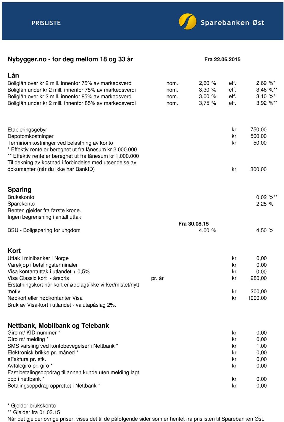 3,92 %** Etableringsgebyr kr 750,00 Depotomkostninger kr 500,00 Terminomkostninger ved belastning av konto kr 50,00 * Effektiv rente er beregnet ut fra lånesum kr 2.000.