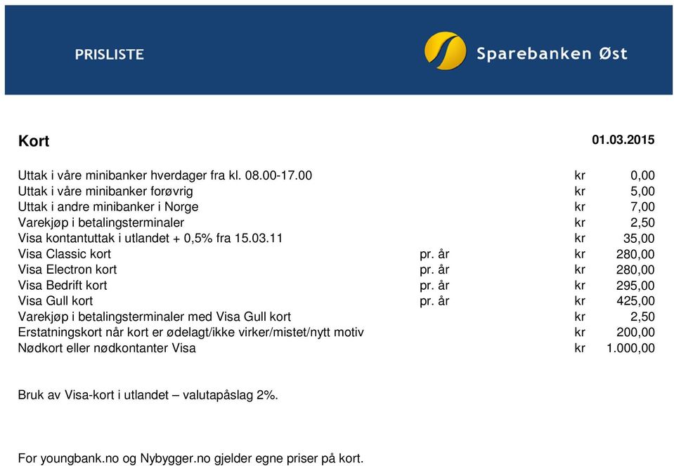 fra 15.03.11 kr 35,00 Visa Classic kort pr. år kr 280,00 Visa Electron kort pr. år kr 280,00 Visa Bedrift kort pr. år kr 295,00 Visa Gull kort pr.