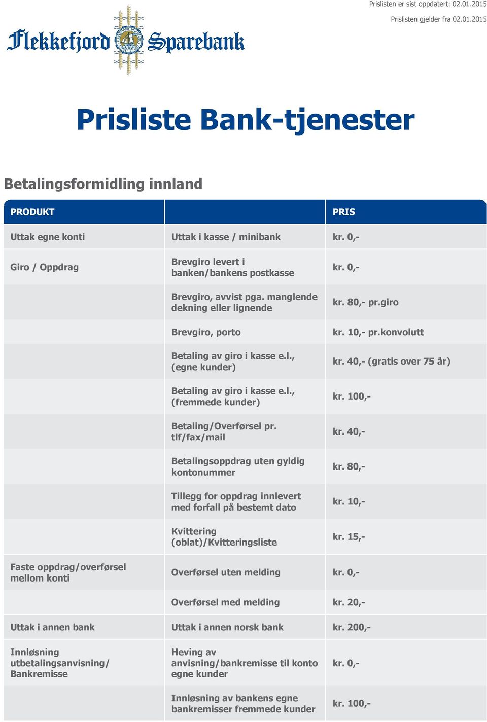 manglende dekning eller lignende kr. 80, pr.giro Brevgiro, porto pr.konvolutt Betaling av giro i kasse e.l., (egne kunder) kr. 40, (gratis over 75 år) Betaling av giro i kasse e.l., (fremmede kunder) Betaling/Overførsel pr.