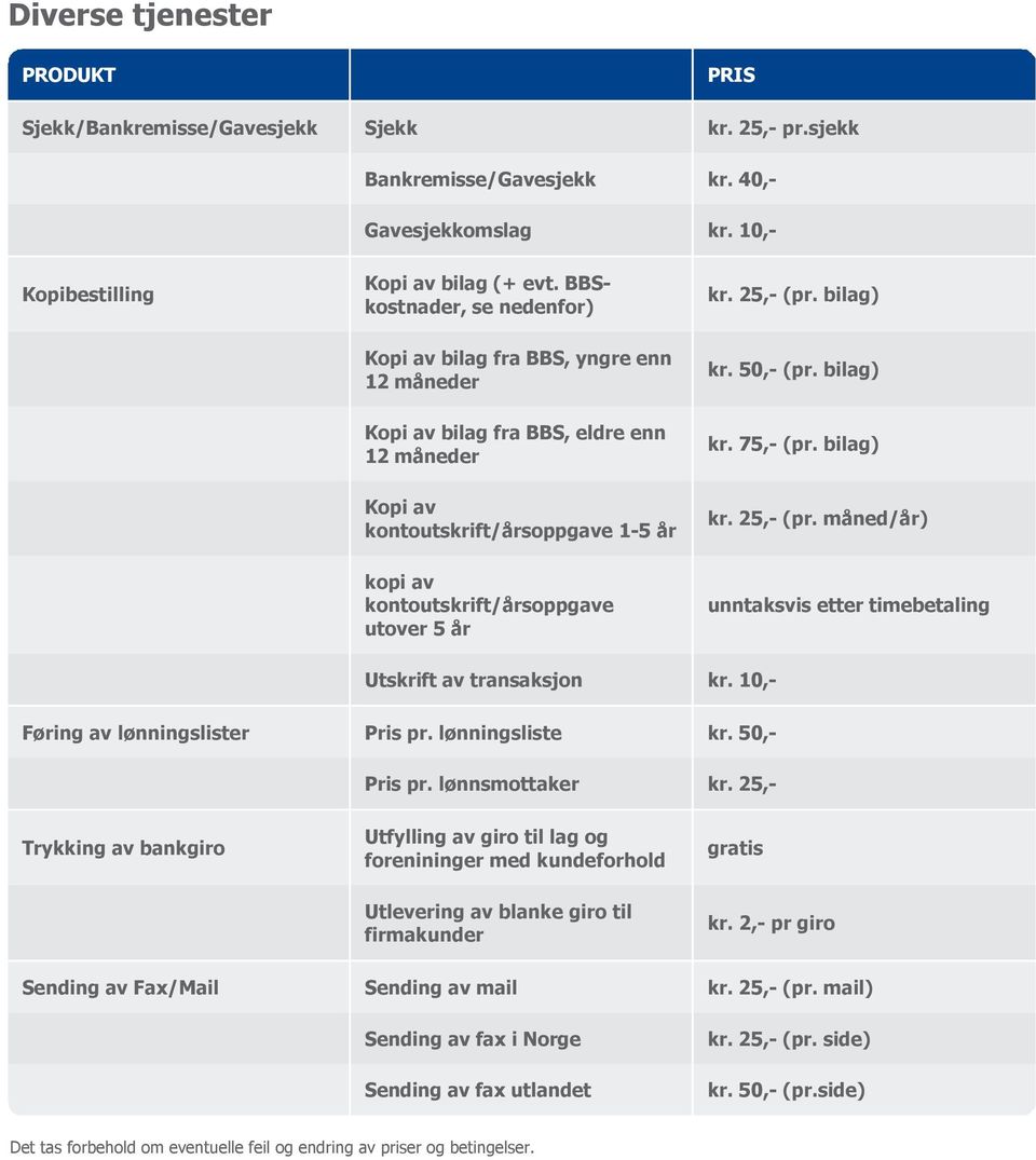 måned/år) kopi av kontoutskrift/årsoppgave utover 5 år unntaksvis etter timebetaling Utskrift av transaksjon Føring av lønningslister Pris pr. lønningsliste Pris pr. lønnsmottaker kr.