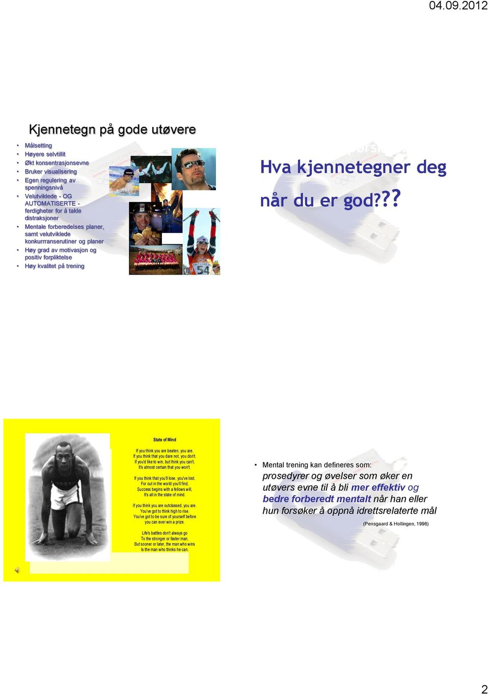 deg når du er god??? State of Mind If you think you are beaten, you are. If you think that you dare not, you don't. If you'd like to win, but think you can't, It's almost certain that you won't.