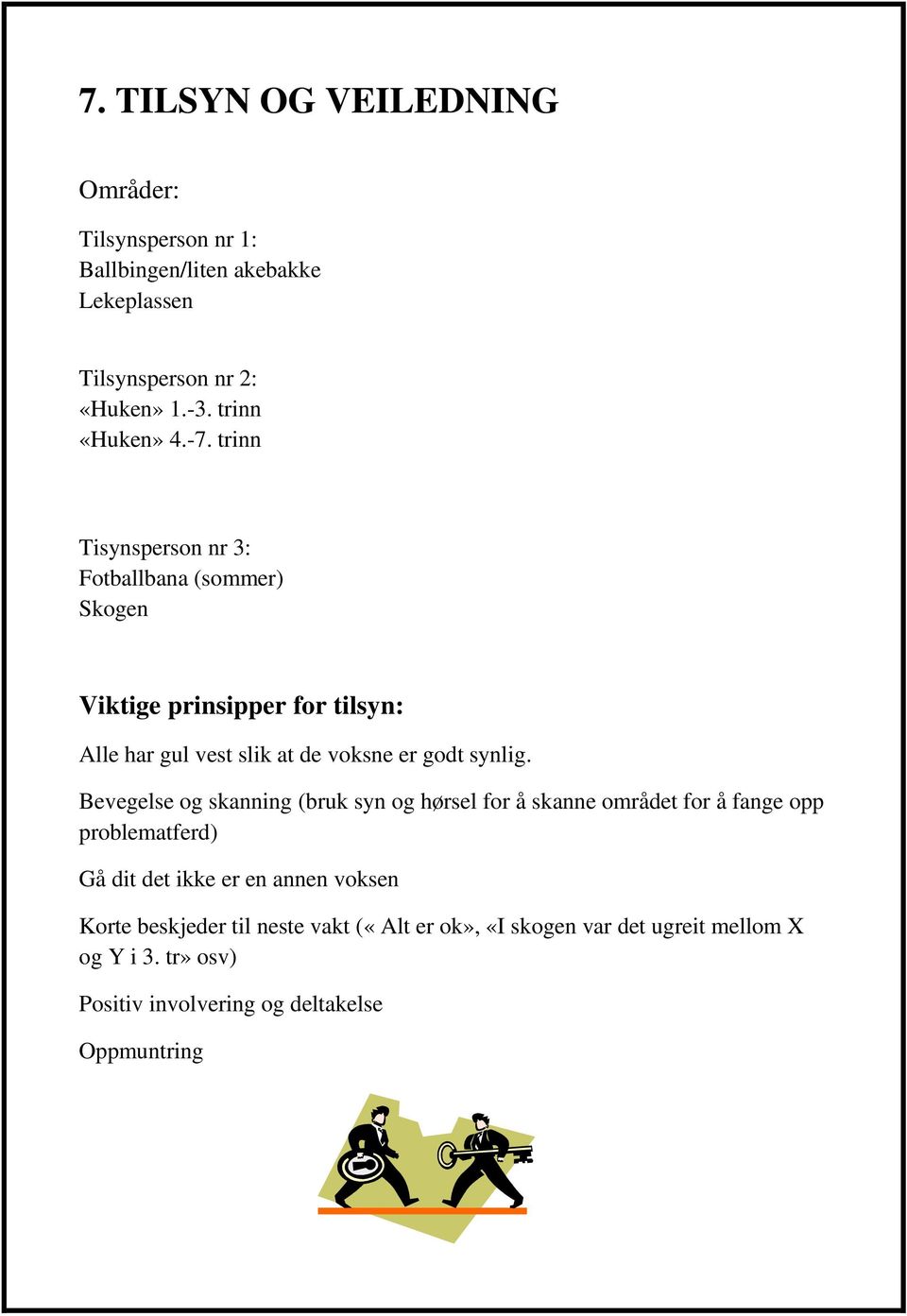 trinn Tisynsperson nr 3: Fotballbana (sommer) Skogen Viktige prinsipper for tilsyn: Alle har gul vest slik at de voksne er godt synlig.