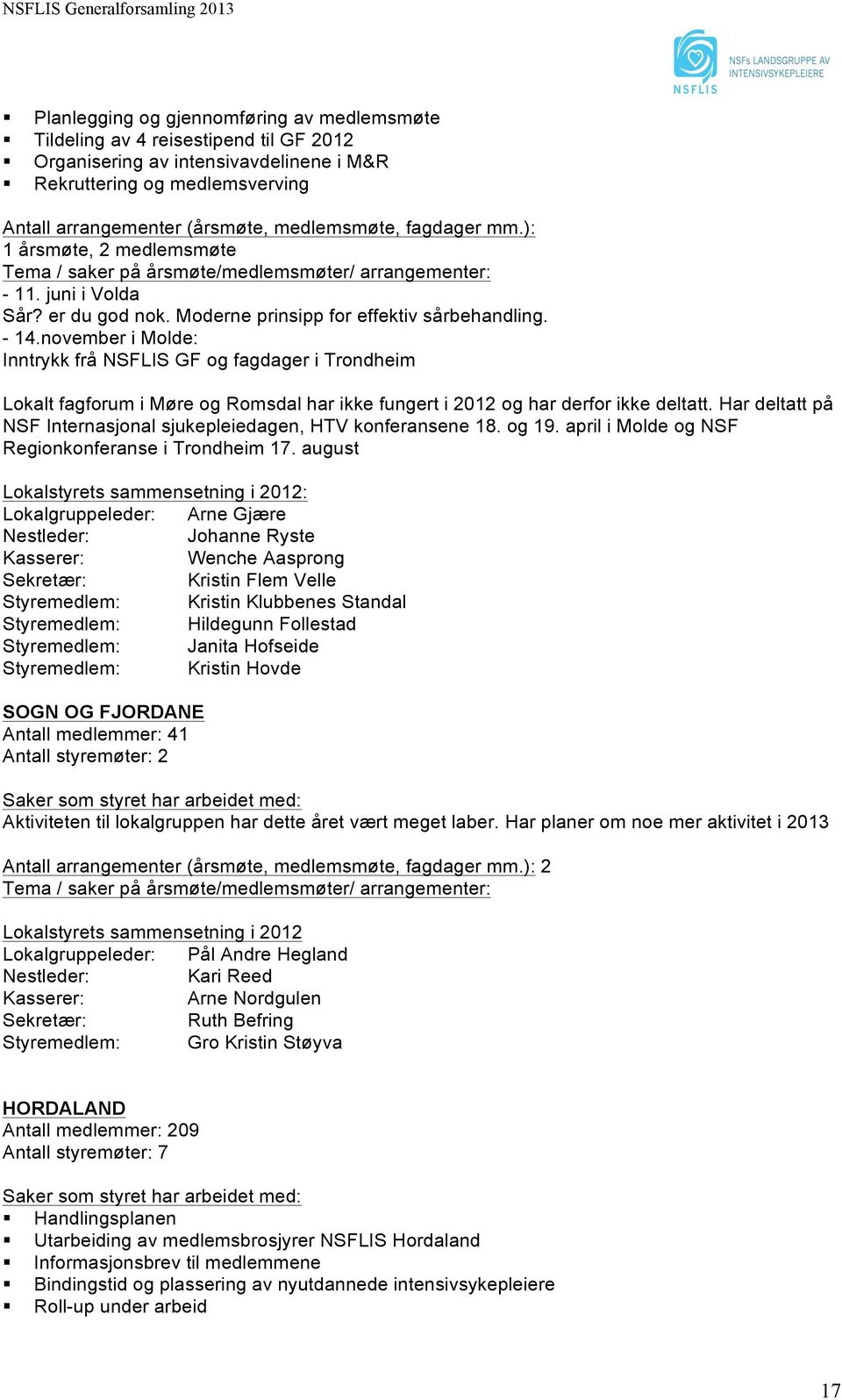 november i Molde: Inntrykk frå NSFLIS GF og fagdager i Trondheim Lokalt fagforum i Møre og Romsdal har ikke fungert i 2012 og har derfor ikke deltatt.