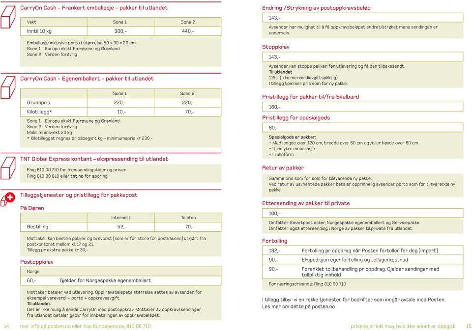 Ring 810 00 810 eller tnt.no for sporing. Tilleggstjenester og pristillegg for pakkepost Sone 1 Sone 2 Grunnpris 220,- 220,- Kilotillegg* 10,- 70,- Sone 1 Europa ekskl.