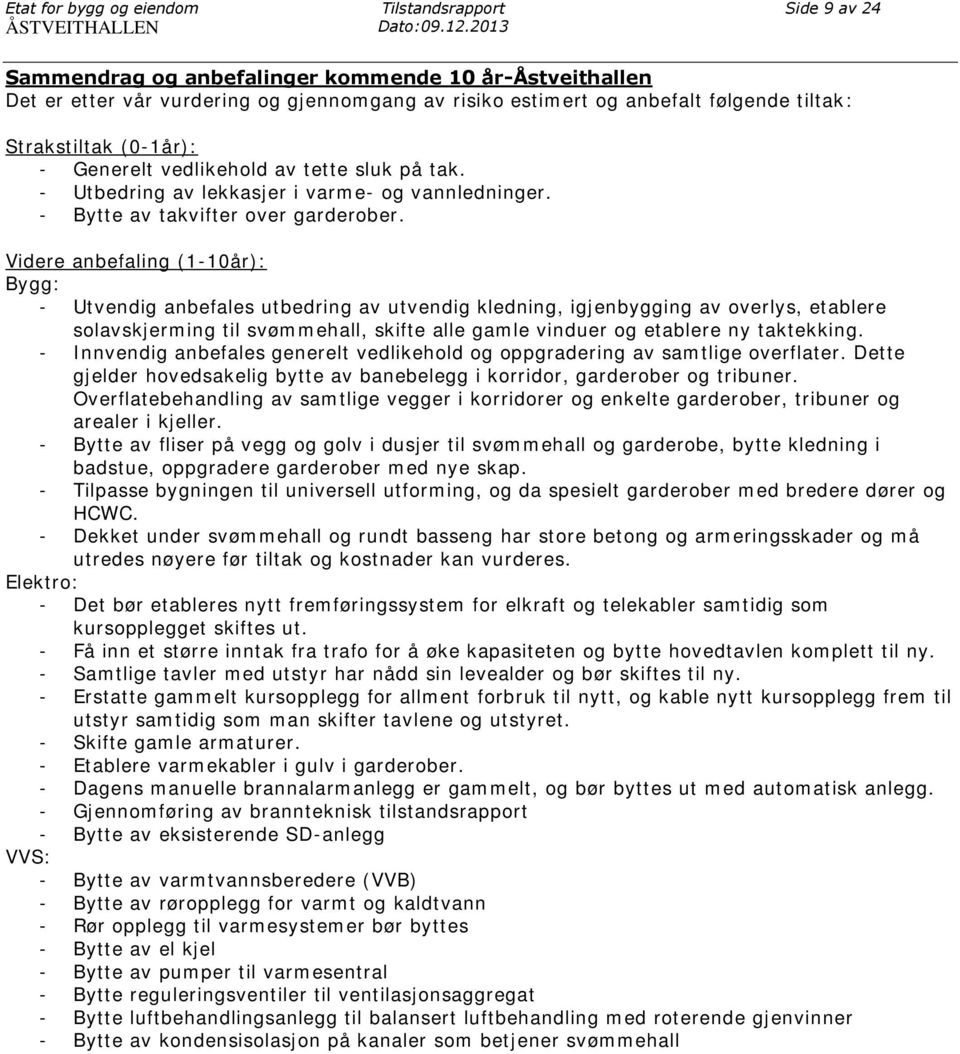 vedlikehold av tette sluk på tak. - Utbedring av lekkasjer i varme- og vannledninger. - Bytte av takvifter over garderober.