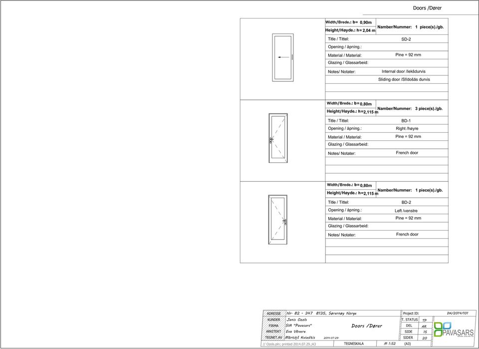 /gb. Height/Høyde.: h= 2,115 m -1 Right /høyre French door Width/rede.: b= 0,80m Namber/Nummer: 1 piece(s)./gb. Height/Høyde.: h= 2,115 m -2 eft /venstre French door K/14/101 KITEKT // Ozols.