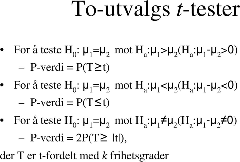 :μ 1 -μ 2 <0) P-verdi = P(T t) For å teste H 0 : μ 1 =μ 2 mot H a :μ 1 μ 2