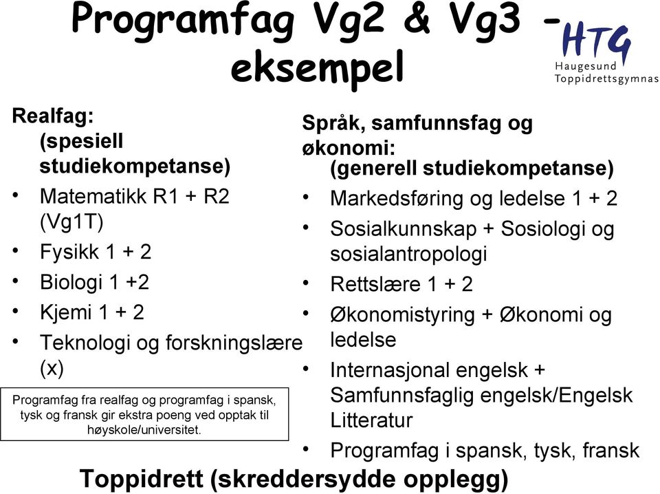 Økonomistyring + Økonomi og Teknologi og forskningslære ledelse (x) Internasjonal engelsk + Samfunnsfaglig engelsk/engelsk Programfag fra realfag og