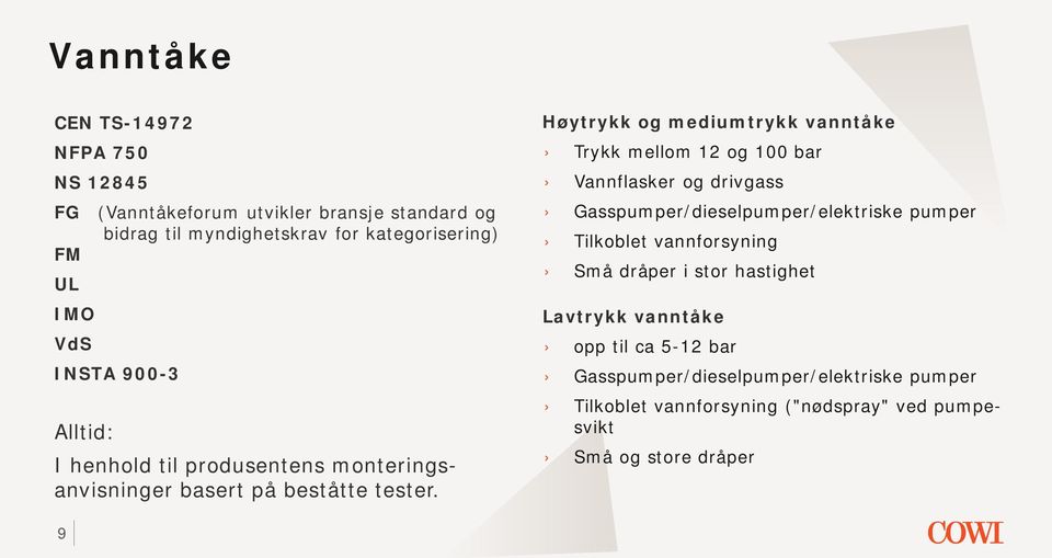 Høytrykk og mediumtrykk vanntåke Trykk mellom 12 og 100 bar Vannflasker og drivgass Gasspumper/dieselpumper/elektriske pumper Tilkoblet