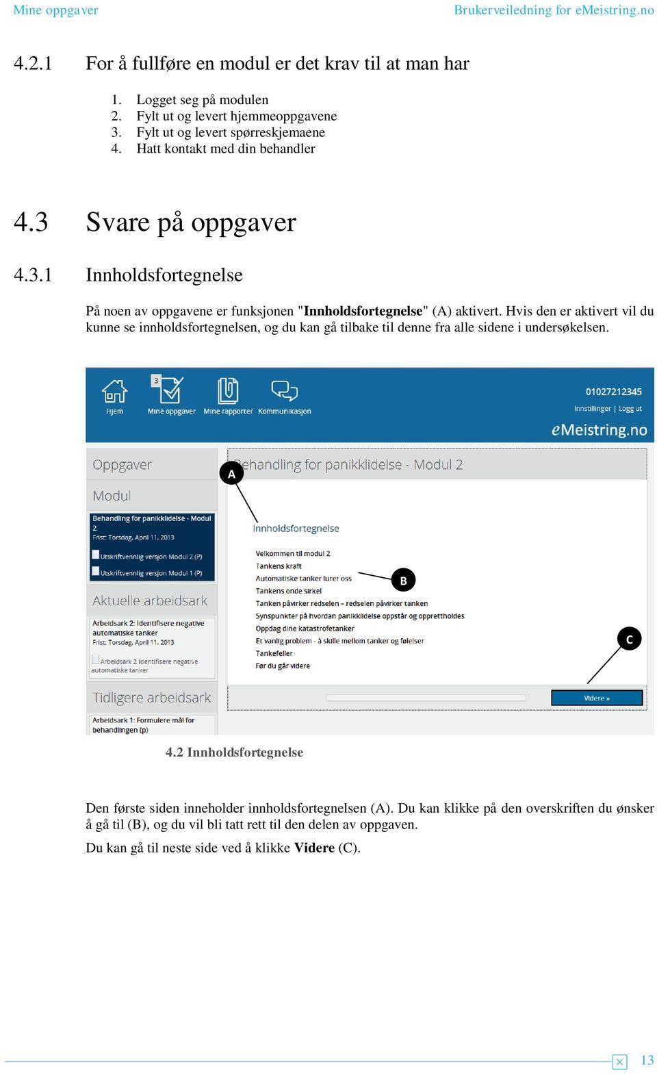 Hvis den er aktivert vil du kunne se innholdsfortegnelsen, og du kan gå tilbake til denne fra alle sidene i undersøkelsen. B C 4.