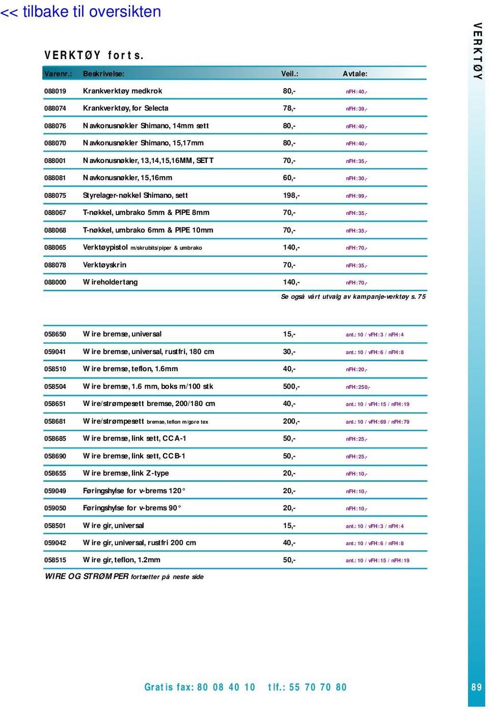 nfh: 40,- 088001 Navkonusnøkler, 13,14,15,16MM, SETT 70,- nfh: 35,- 088081 Navkonusnøkler, 15,16mm 60,- nfh: 30,- 088075 Styrelager-nøkkel Shimano, sett 198,- nfh: 99,- 088067 T-nøkkel, umbrako 5mm &