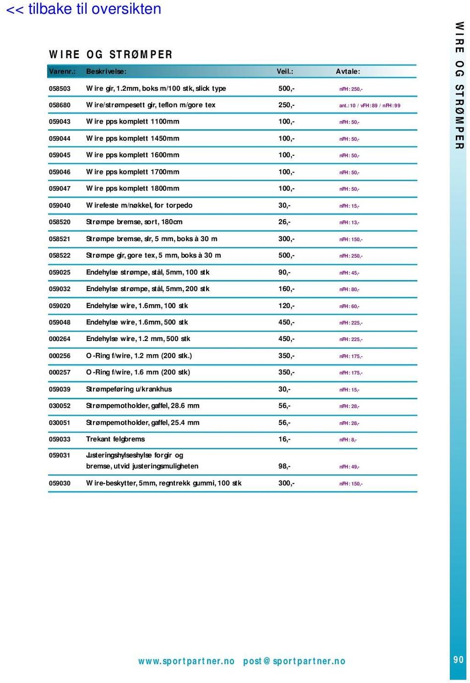 pps komplett 1700mm 100,- nfh: 50,- 059047 Wire pps komplett 1800mm 100,- nfh: 50,- 059040 Wirefeste m/nøkkel, for torpedo 30,- nfh: 15,- 058520 Strømpe bremse, sort, 180cm 26,- nfh: 13,- 058521