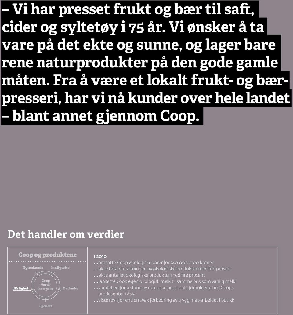 Det handler om verdier Coop og produktene I 2010 Ærlighet Nytenkende Coop Verdikompass Egenart Innflytelse Omtanke...omsatte Coop økologiske varer for 240 000 000 kroner.