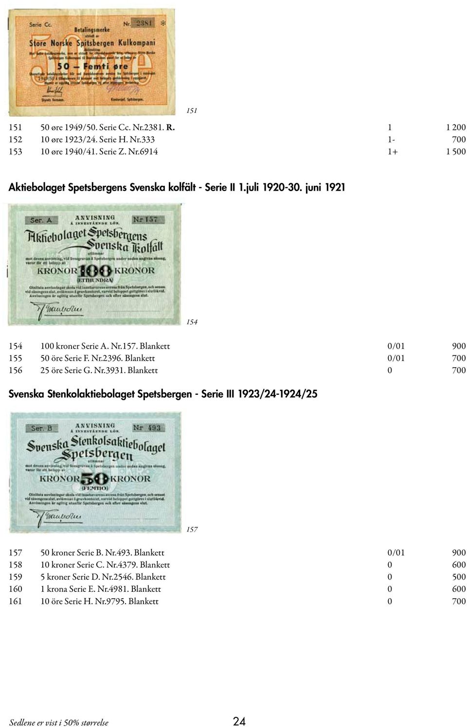 Blankett 0 700 Svenska Stenkolaktiebolaget Spetsbergen - Serie III 1923/24-1924/25 157 157 50 kroner Serie B. Nr.493. Blankett 0/01 900 158 10 kroner Serie C. Nr.4379.