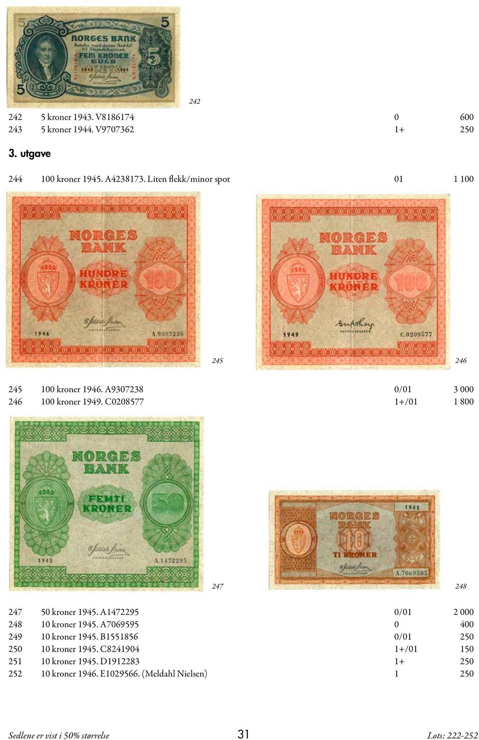 C0208577 1+/01 1 800 247 248 247 50 kroner 1945. A1472295 0/01 2 000 248 10 kroner 1945. A7069595 0 400 249 10 kroner 1945.