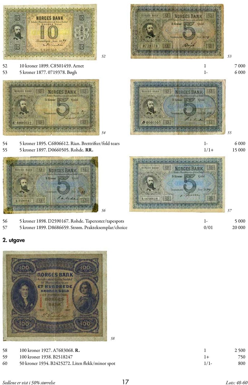 D8686659. Strøm. Prakteksemplar/choice 0/01 20 000 2. utgave 58 58 100 kroner 1927. A7683068. R. 1 2 500 59 100 kroner 1938.