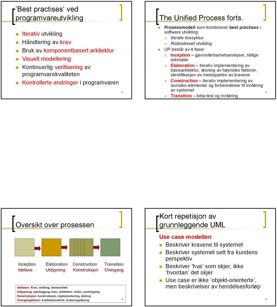 Prosessmodell som kombinerer best practises i software utvikling: Iterativ livssyklus Risikodrevet utvikling UP består av 4 faser: Inception gjennoførbarhetsanalyser, tidlige estimater Elaboration
