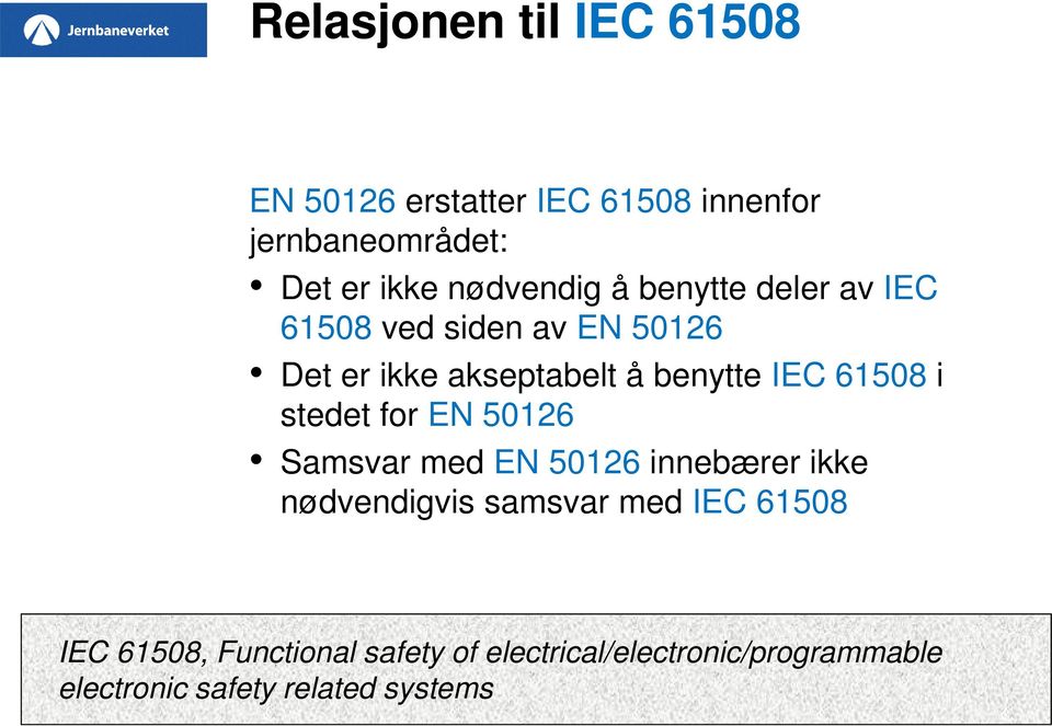 IEC 61508 i stedet for EN 50126 Samsvar med EN 50126 innebærer ikke nødvendigvis samsvar med IEC
