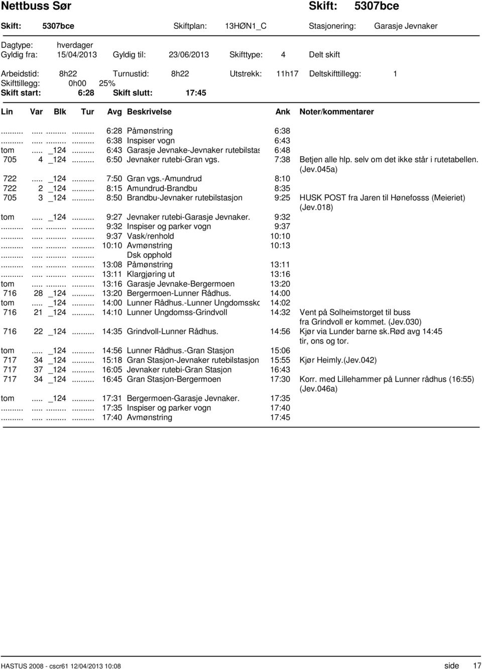 .. 6:50 Jevnaker rutebi-gran vgs. 7:38 Betjen alle hlp. selv om det ikke står i rutetabellen. (Jev.045a) 722... _124... 7:50 Gran vgs.-amundrud 8:10 722 2 _124... 8:15 Amundrud-Brandbu 8:35 705 3 _124.