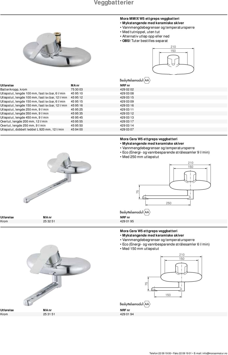 95 50 429 03 14 Utløpstut, dobbelt leddet L 920 mm, 12 l/min 45 94 00 429 03 07 Mora Cera W5 ettgreps veggbatteri Eco (Energi- og vannbesparende