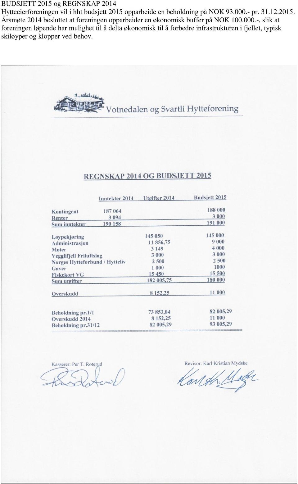 Årsmøte 2014 besluttet at foreningen opparbeider en økonomisk buffer på NOK 100.000.