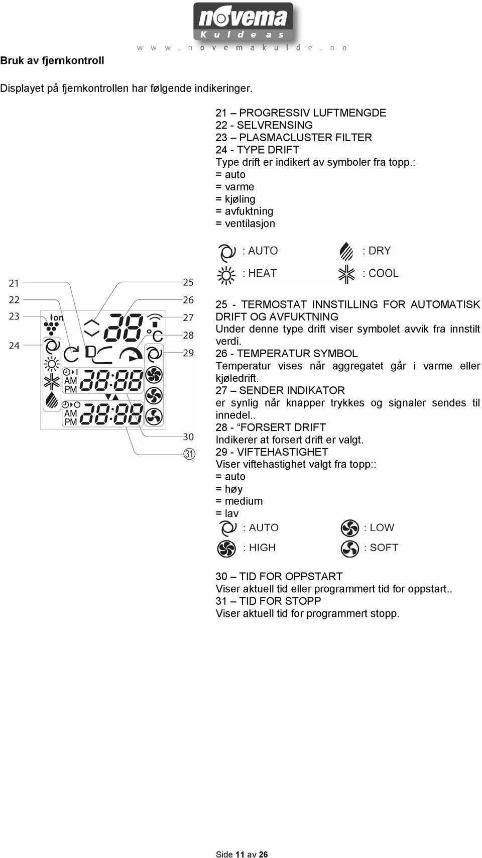 : = auto = varme = kjøling = avfuktning = ventilasjon 25 - TERMOSTAT INNSTILLING FOR AUTOMATISK DRIFT OG AVFUKTNING Under denne type drift viser symbolet avvik fra innstilt verdi.