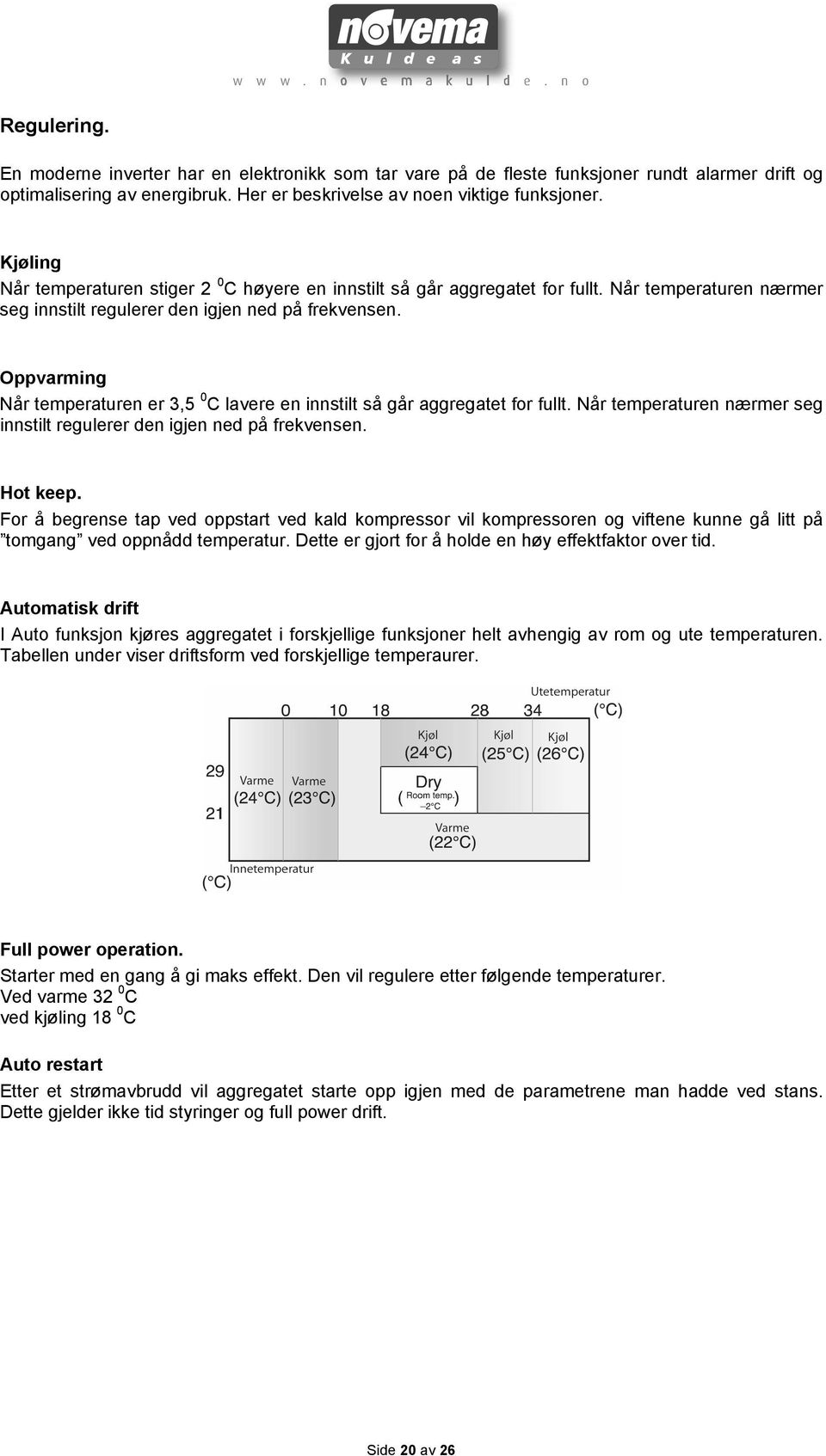 Oppvarming Når temperaturen er 3,5 0 C lavere en innstilt så går aggregatet for fullt. Når temperaturen nærmer seg innstilt regulerer den igjen ned på frekvensen. Hot keep.