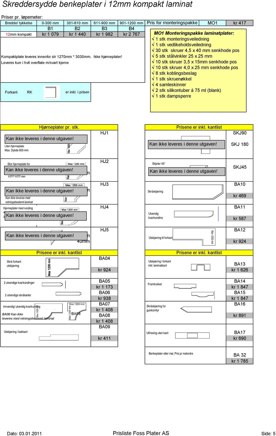 laminatplater: 1 stk monteringsveiledning 1 stk vedlikeholdsveiledning 30 stk skruer 4,5 x 40 mm senkhode pos Kompaktplate leveres innenfor str 1270mm * 3030mm. Ikke hjørneplater!