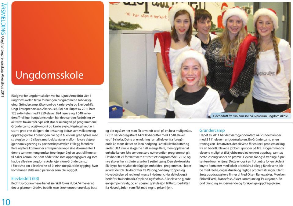 Ungt Entreprenørskap Akershus (UEA) har i løpet av 2011 hatt 123 aktiviteter med 9 259 elever, 894 lærere og 1 540 veiledere/frivillige.