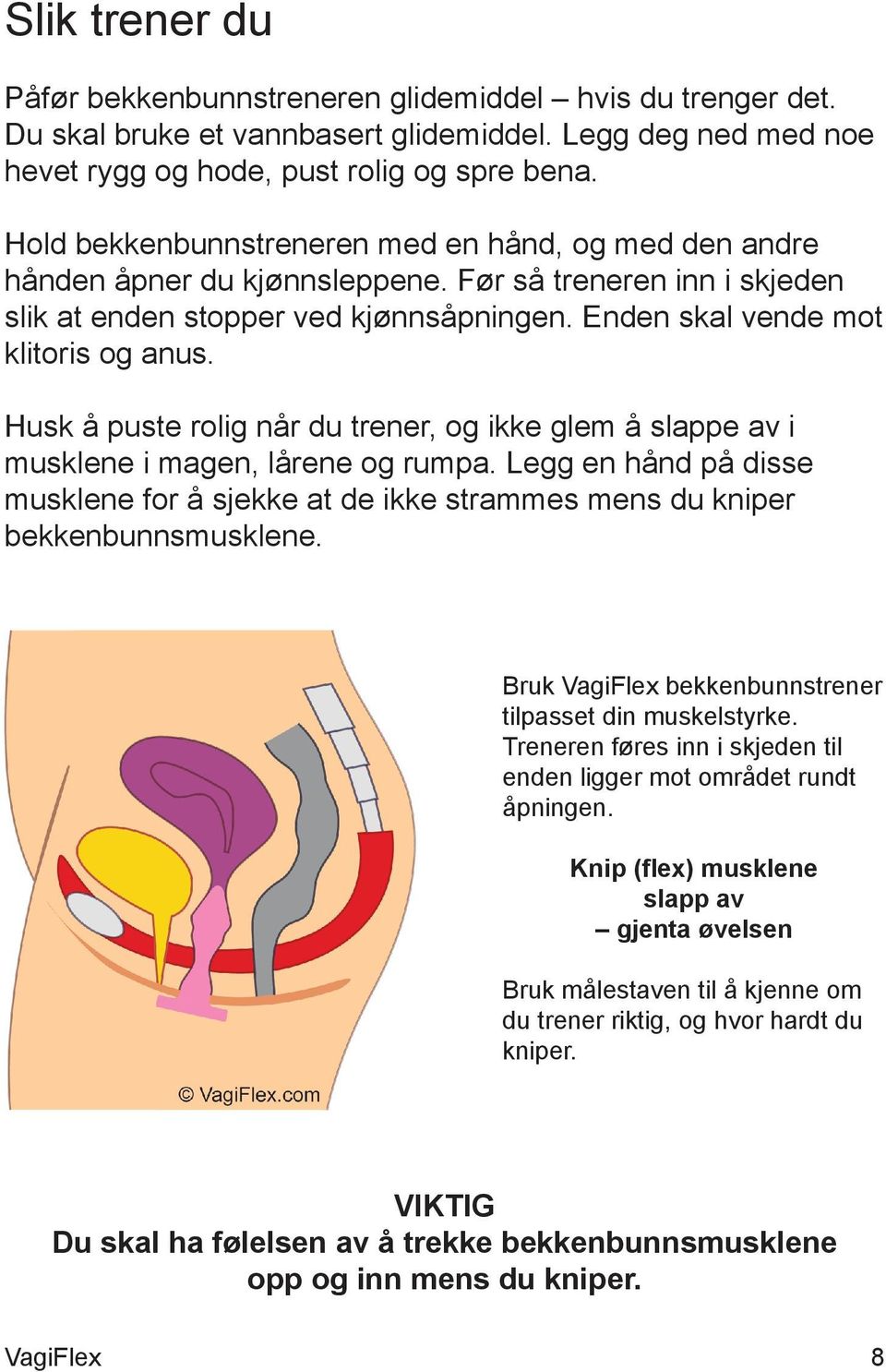 Husk å puste rolig når du trener, og ikke glem å slappe av i musklene i magen, lårene og rumpa. Legg en hånd på disse musklene for å sjekke at de ikke strammes mens du kniper bekkenbunnsmusklene.