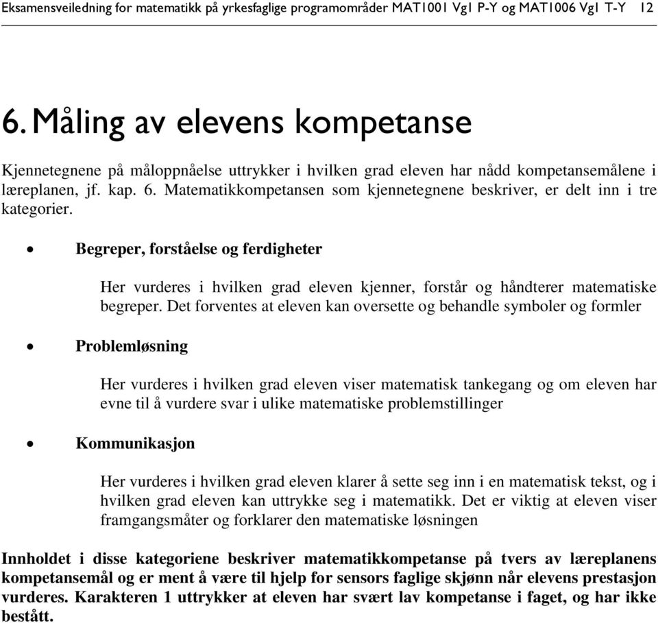 Matematikkompetansen som kjennetegnene beskriver, er delt inn i tre kategorier.