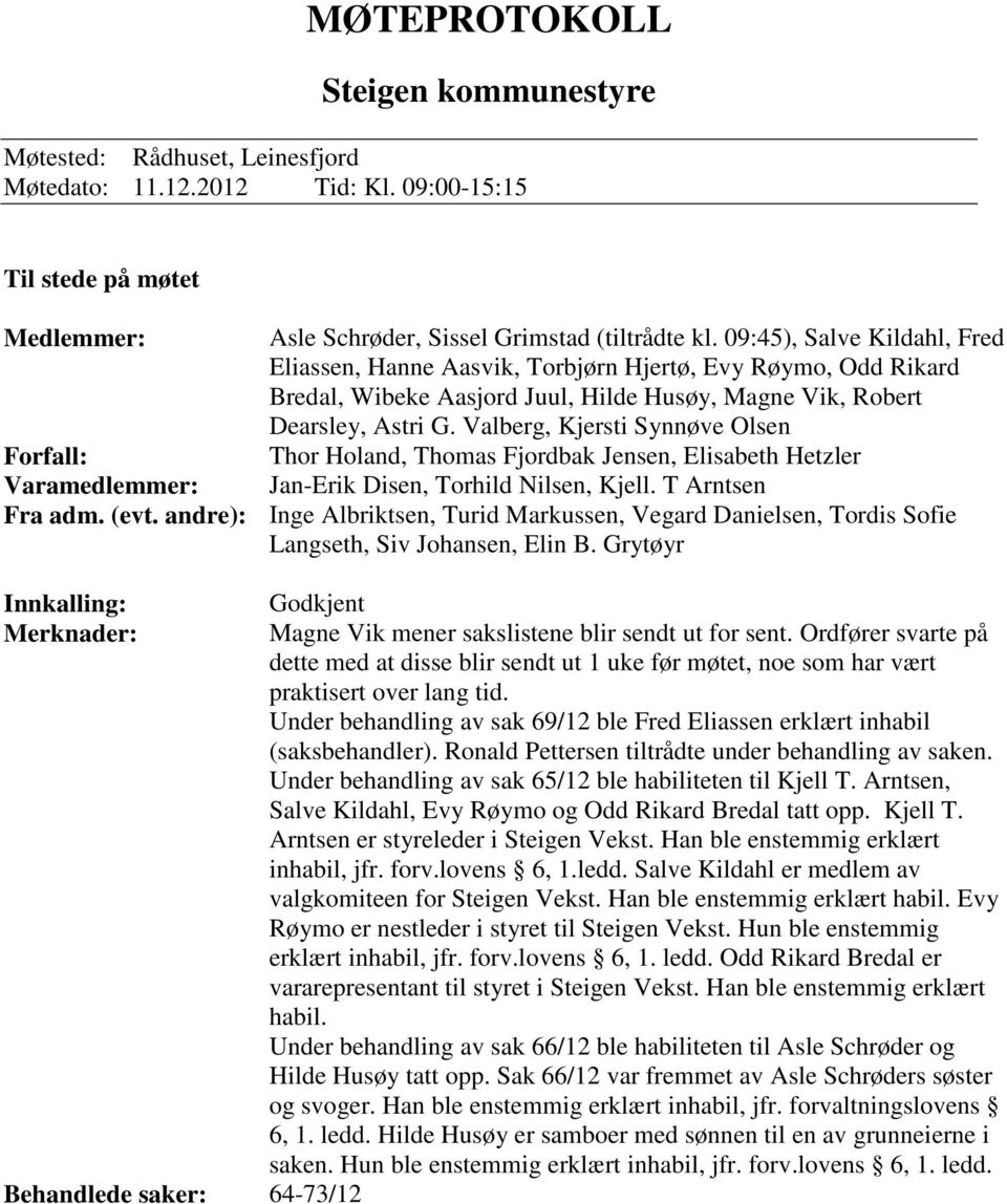 Valberg, Kjersti Synnøve Olsen Forfall: Thor Holand, Thomas Fjordbak Jensen, Elisabeth Hetzler Varamedlemmer: Jan-Erik Disen, Torhild Nilsen, Kjell. T Arntsen Fra adm. (evt.