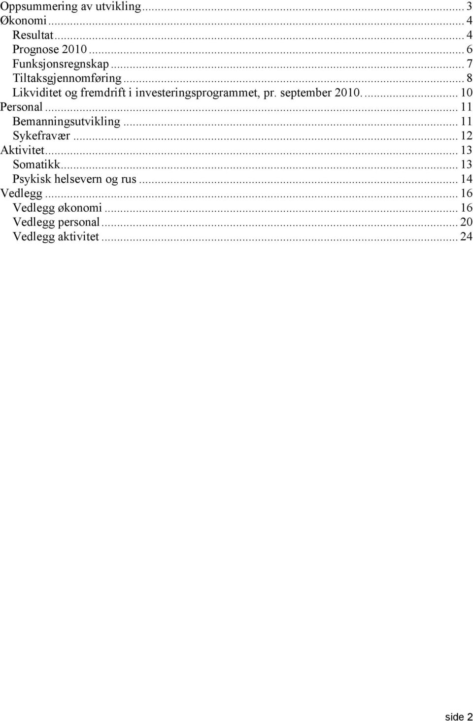 ... 10 Personal... 11 Bemanningsutvikling... 11 Sykefravær... 12 Aktivitet... 13 Somatikk.