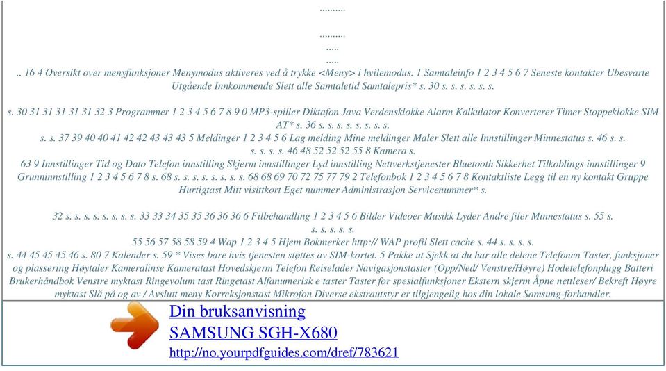 30 s. s. s. s. s. s. s. 30 31 31 31 31 31 32 3 Programmer 1 2 3 4 5 6 7 8 9 0 MP3-spiller Diktafon Java Verdensklokke Alarm Kalkulator Konverterer Timer Stoppeklokke SIM AT* s. 36 s. s. s. s. s. s. s. s. s. s. 37 39 40 40 41 42 42 43 43 43 5 Meldinger 1 2 3 4 5 6 Lag melding Mine meldinger Maler Slett alle Innstillinger Minnestatus s.