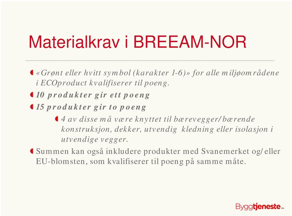 10 produkter gir ett poeng 15 produkter gir to poeng 4 av disse må være knyttet til bærevegger/bærende