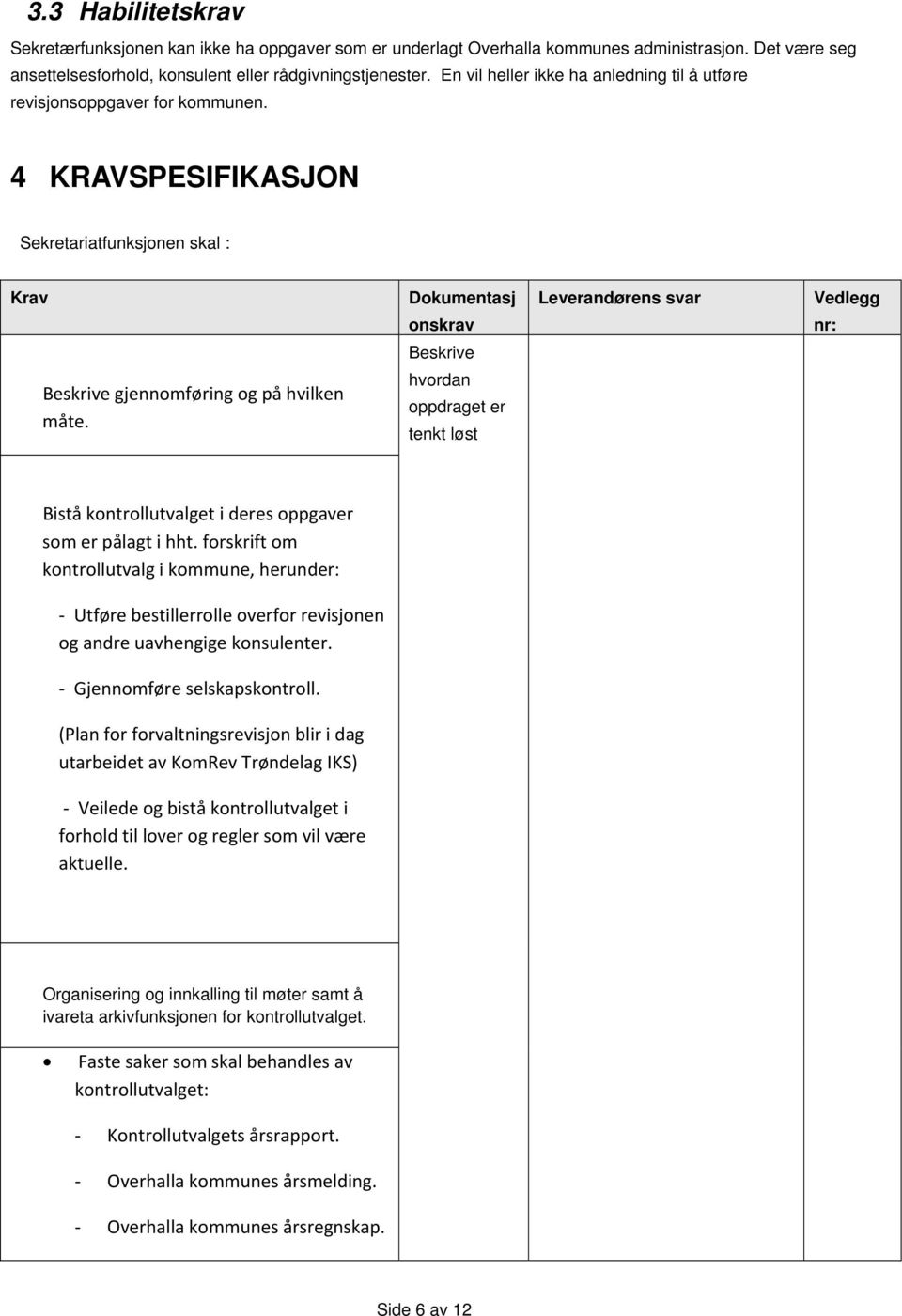 4 KRAVSPESIFIKASJON Sekretariatfunksjonen skal : Krav Dokumentasj onskrav Leverandørens svar Vedlegg nr: Beskrive Beskrive gjennomføring og på hvilken måte.