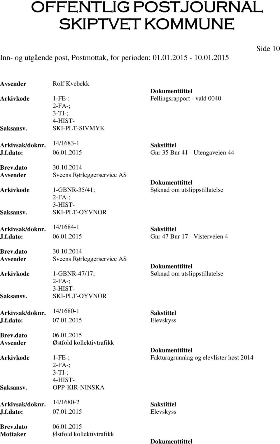2014 Avsender Sveens Rørleggerservice AS 1-GBNR-47/17; SKI-PLT-OYVNOR Søknad om utslippstillatelse Arkivsak/doknr. 14/1680-1 Sakstittel J.f.dato: 07.01.2015 Elevskyss Brev.dato 06.01.2015 Avsender Østfold kollektivtrafikk OPP-KIR-NINSKA Fakturagrunnlag og elevlister høst 2014 Arkivsak/doknr.