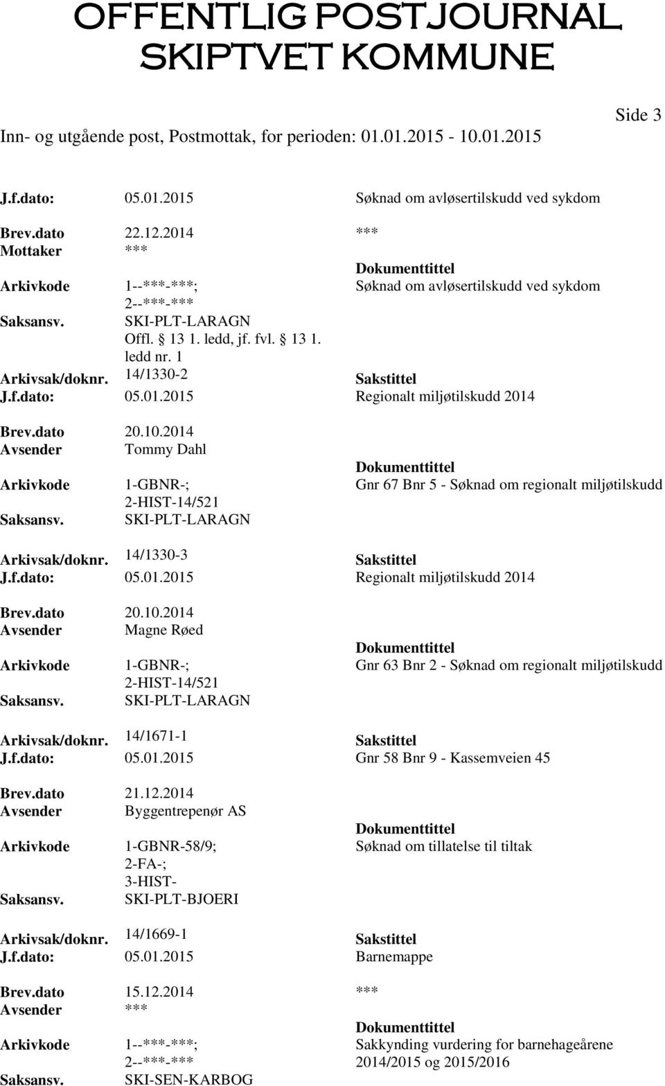 dato 20.10.2014 Avsender Magne Røed 1-GBNR-; 2-HIST-14/521 Gnr 63 Bnr 2 - Søknad om regionalt miljøtilskudd Arkivsak/doknr. 14/1671-1 Sakstittel J.f.dato: 05.01.2015 Gnr 58 Bnr 9 - Kassemveien 45 Brev.