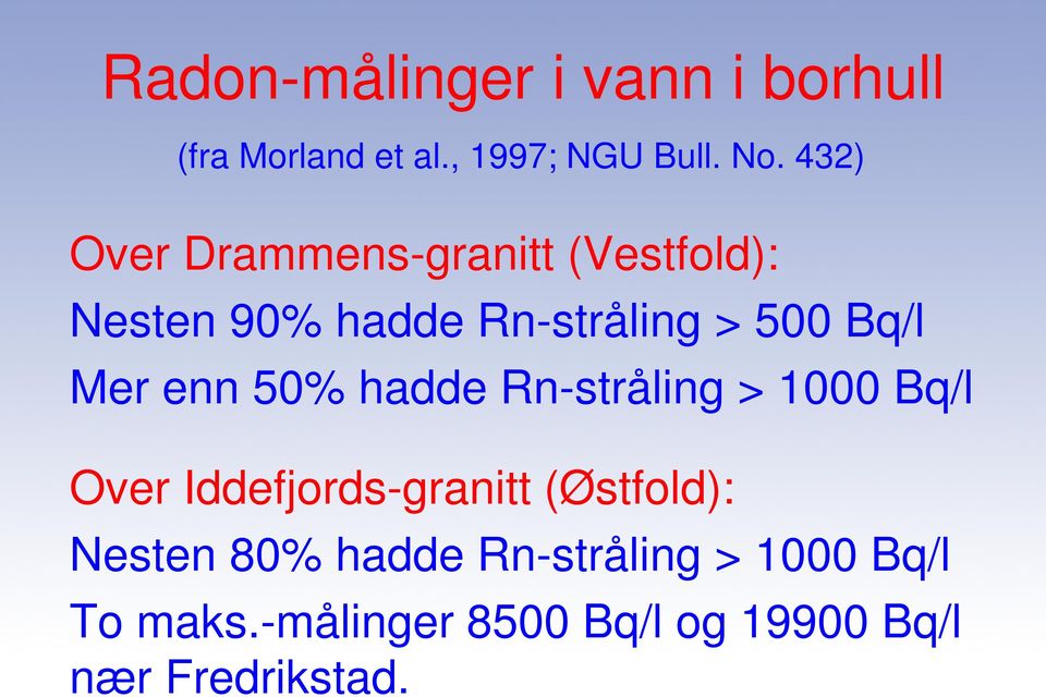 Mer enn 50% hadde Rn-stråling > 1000 Bq/l Over Iddefjords-granitt (Østfold):