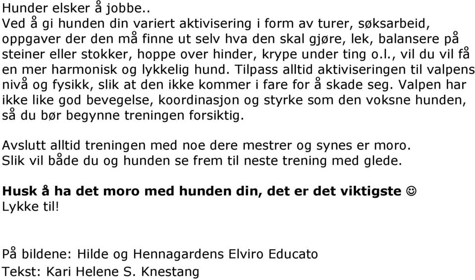 under ting o.l., vil du vil få en mer harmonisk og lykkelig hund. Tilpass alltid aktiviseringen til valpens nivå og fysikk, slik at den ikke kommer i fare for å skade seg.